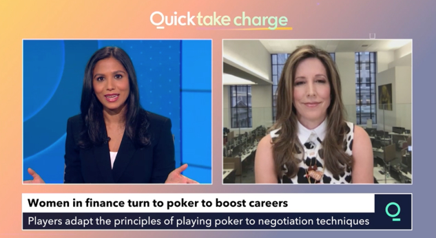 Jenny Just, Cofounder & Managing Partner, PEAK6 is shown in a screenshot from the Bloomberg Quicktake "Take Focus" Full Show 10/07/21 alongside interviewer Sonali Basak, Bloomberg News.