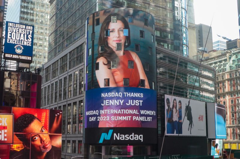 Jenny Just on the Nasdaq megatron in Time Square