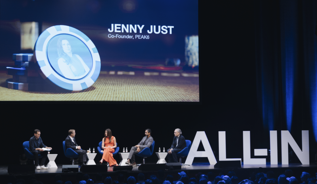 Jenny Just speaking at All-In Summit conference with Jason Calacanis, Chamath Palihapitiya, David Sacks and David Friedberg